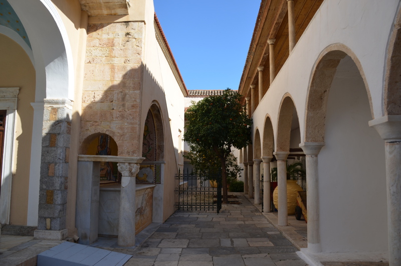 The peaceful inner courtyard of the Cathedral of the Dormition of the Virgin Mary